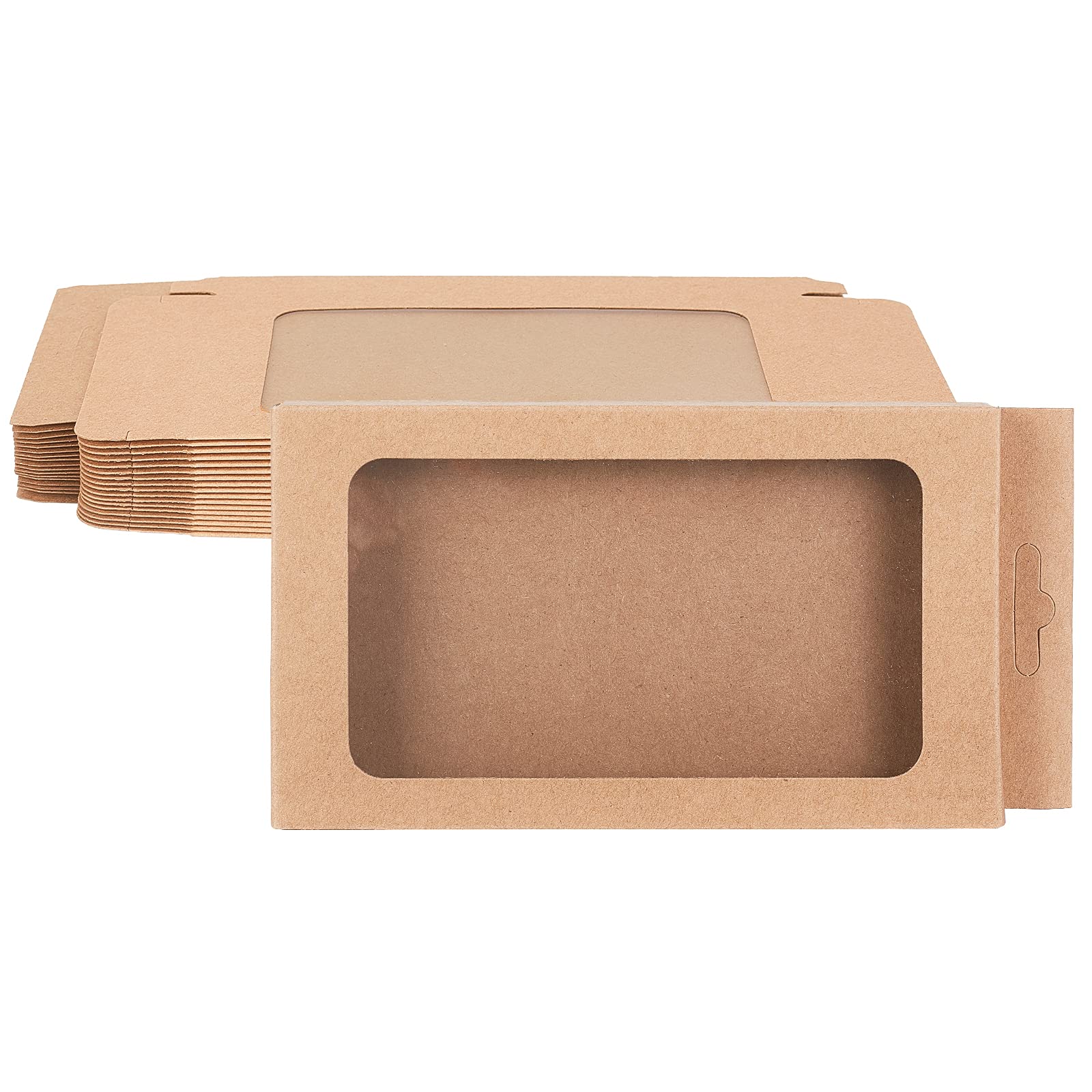 BENECREAT 20 Pack Kraft Paper Boxes with Clear Window 17.5x9x1.5cm BurlyWood Gift Packaging Boxes for Bakery Cookies Cake Candy Wedding Party Favors