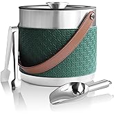 Bakpoco Insulated Ice Bucket with Lid, Scoop, Ice Tongs & Detachable Double-Sided PU Cover– 3L Double-Wall Stainless Steel Ice Buckets for Parties, Cocktail Ba, Champagne & Bar Cart Accessories