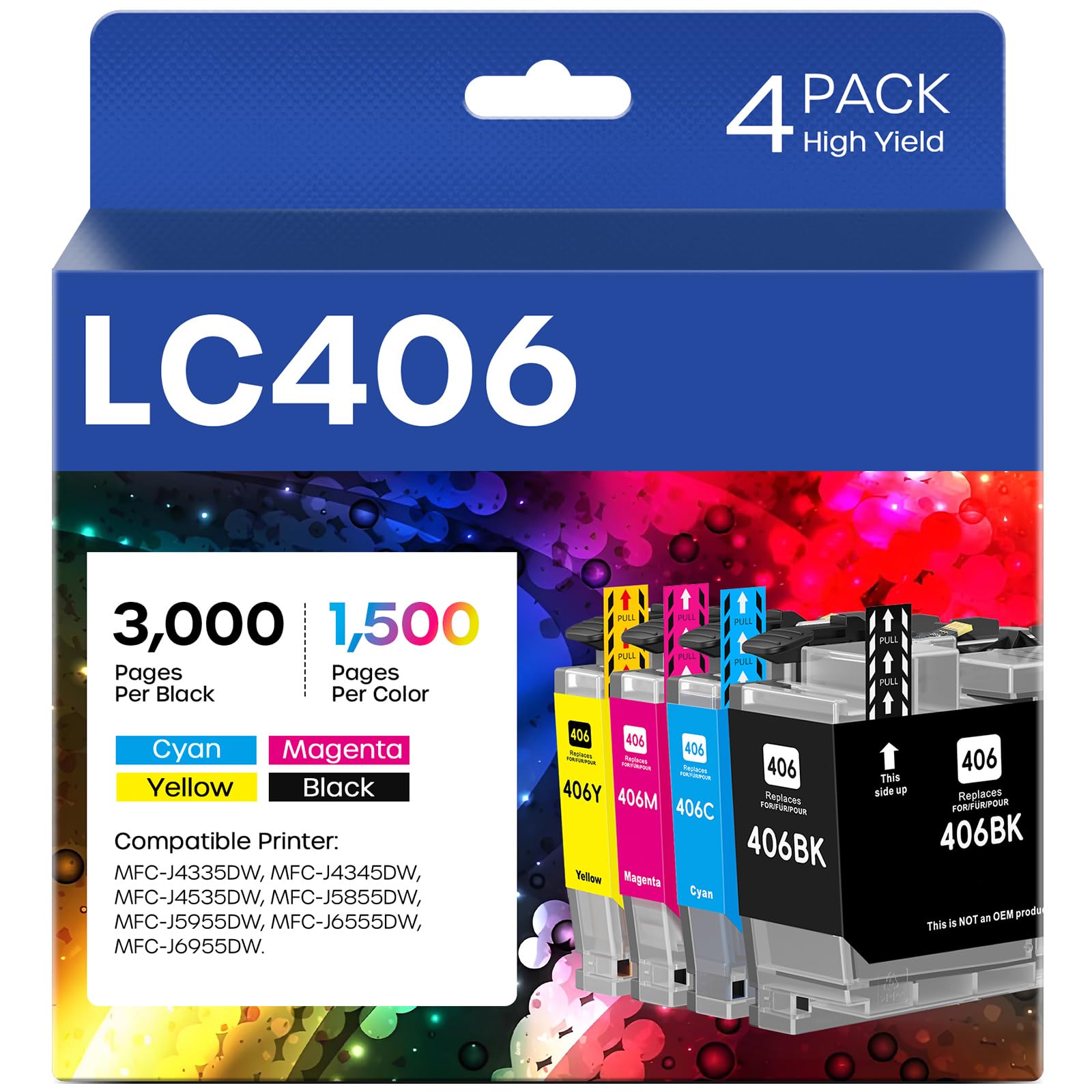 Photo 1 of LC406 Ink Cartridges Compatible for Brother LC406 LC406XL LC 406 XL Work for Brother MFC-J4335DW MFC-J5855DW MFC-J4535DW MFC-J6555DW MFC-J6955DW Printer (4 Pack, Black, Cyan, Magenta, Yellow)