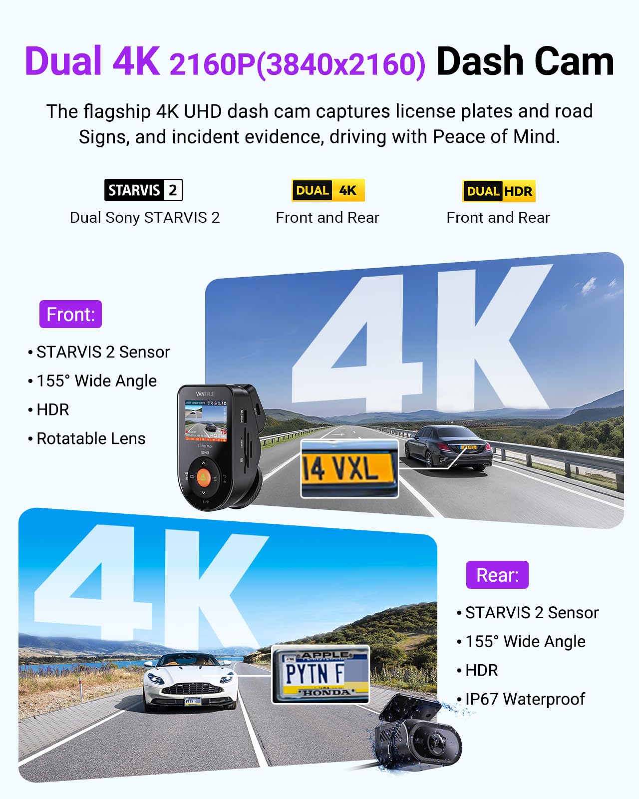 Vantrue S1 Pro Max AI Dash Cam 4K+4K w/ADAS & BSD, Dual STARVIS 2 Dash cam Front and Rear, 2 Channel HDR Dashcam, PlatePix Night Vision, 5G WiFi, Voice Control, GPS, 24H Buffered Parking Mode, 1TB Max