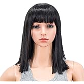 SWACC 14 Inches Short Straight Medium Shoulder Length Wig with Blunt Cut Bangs and Bottom End Synthetic Heat Resistant Hair Wigs for Women with Wig Cap (Off Black-1B)