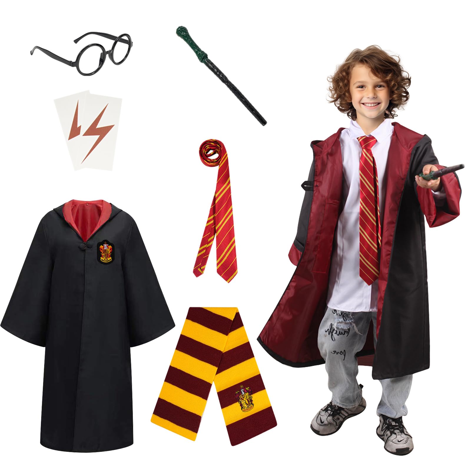 7 Pcs Wizard Costume Kids - Witch Fancy Dress Costumes Set, Witch Costume Kids with Wizard Robe Wand Tie Scarf Glasses Lighting Tattoo for Boys Girls Party Carnival Cosplay Halloween Outfit, 155CM