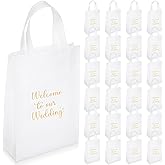 Sweetude 25 Pcs Wedding Reusable Gift Bags with Handle 10 x 14 x 4 Inches White Gold Non Woven Tote Bulk Welcome to Our Wedding for Bridal Shower Party Favors