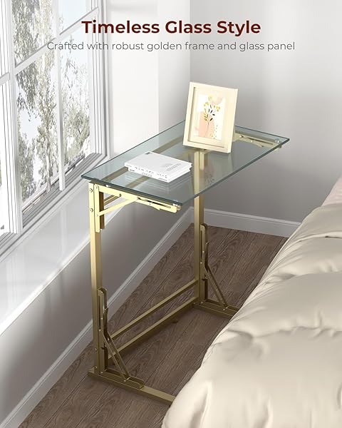 TATUB 24″ FOLDING TV TRAY TABLE SET OF 2, GLASS C SHAPED END TABLE FOR COUCH, SMALL SOFA-SIDE LAPTOP DESK WITH GOLD METAL FRAME FOR LIVING ROOM, BEDROOM, BEDSIDE