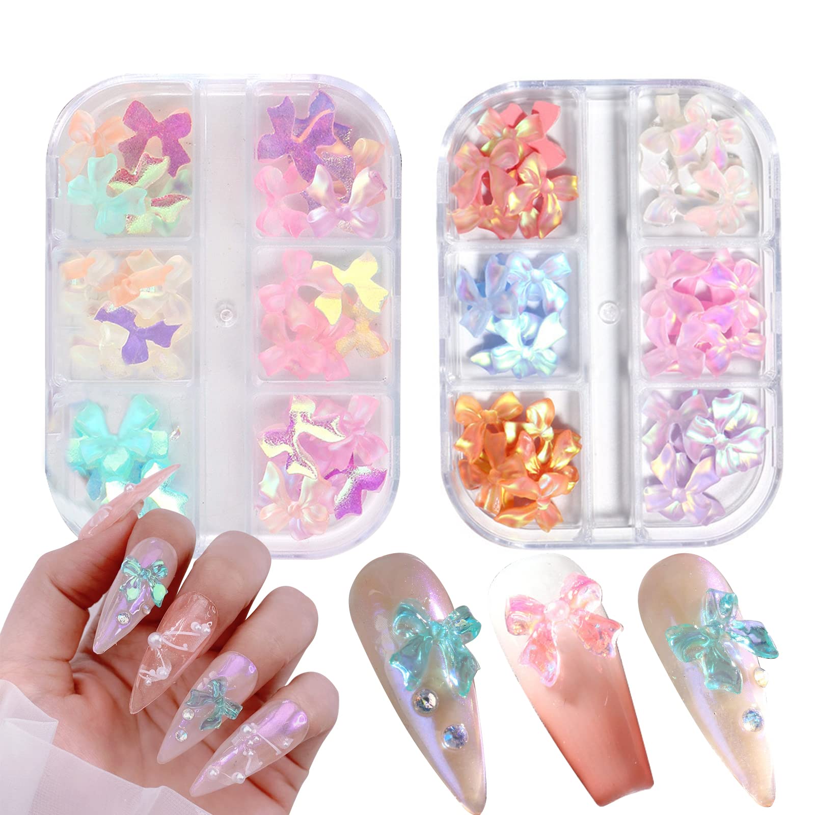 3D Aurora Bow Nail Charms,2Boxes Colorful Cute Nail Art Bows,72PCS Resin Bowknots Nail Jewelry Supplies for Nail Art Design Decorations Craft DIY