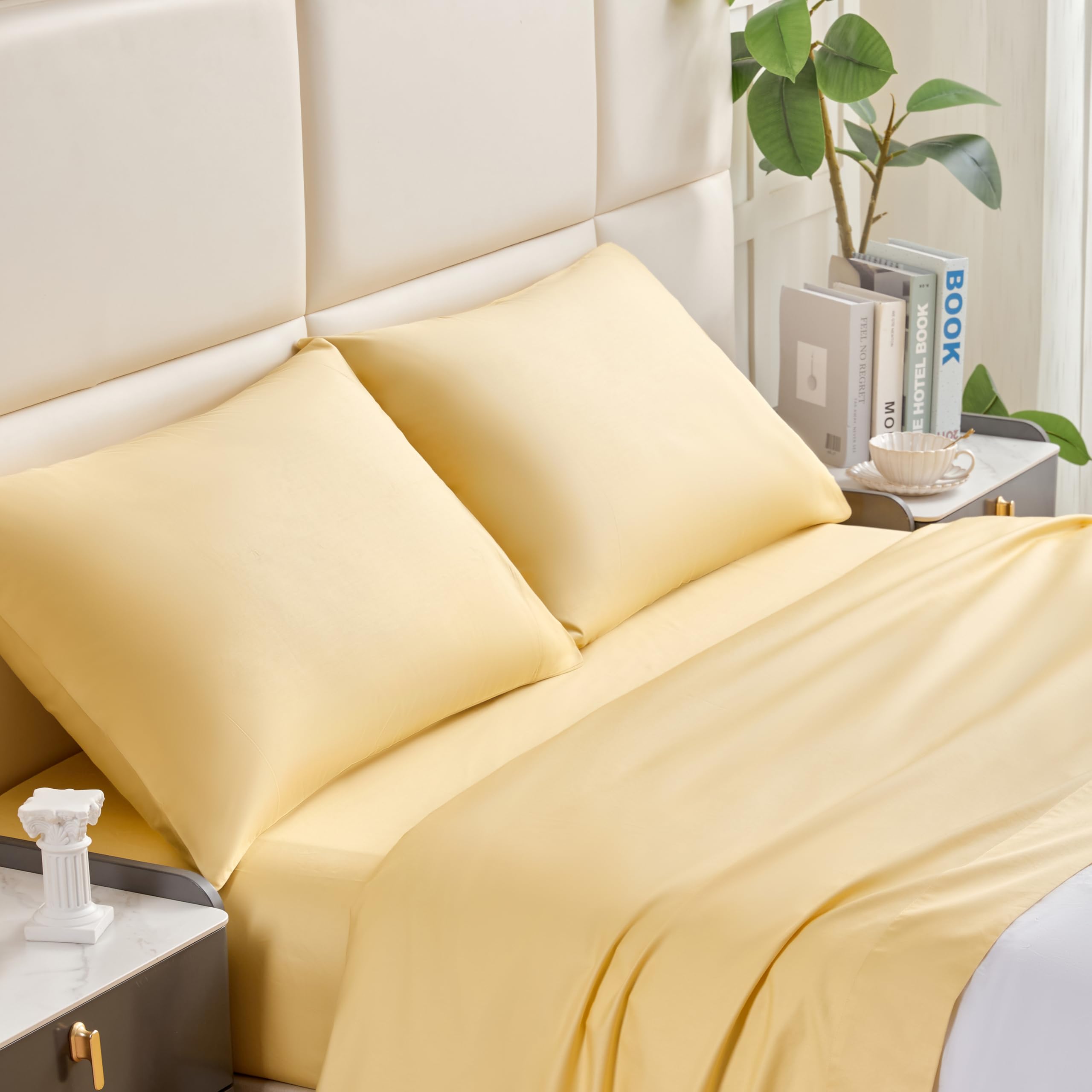 Photo 1 of 100% Cotton 4-Piece Sheet Set, Minimalist Style - Bed Sheets with Flat Sheet, Fitted Sheet and 2 Pillowcases | Lightweight, Soft, Durable & Easy Care (Butter Yellow, King)