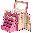 Homde Synthetic Leather Huge Jewelry Box Mirrored Watch Organizer Necklace Ring Earring Storage Lockable Gift Case (Pink + Gold)