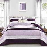 Dinjoy Purple Striped King Size Quilt Set,Boho King Quilt Bedding Set Lightweight Bedspreads Micofiber 3 Pieces Farmhouse Quilts Lavender Patchwork Coverlet Bed Sets for Fall Winter