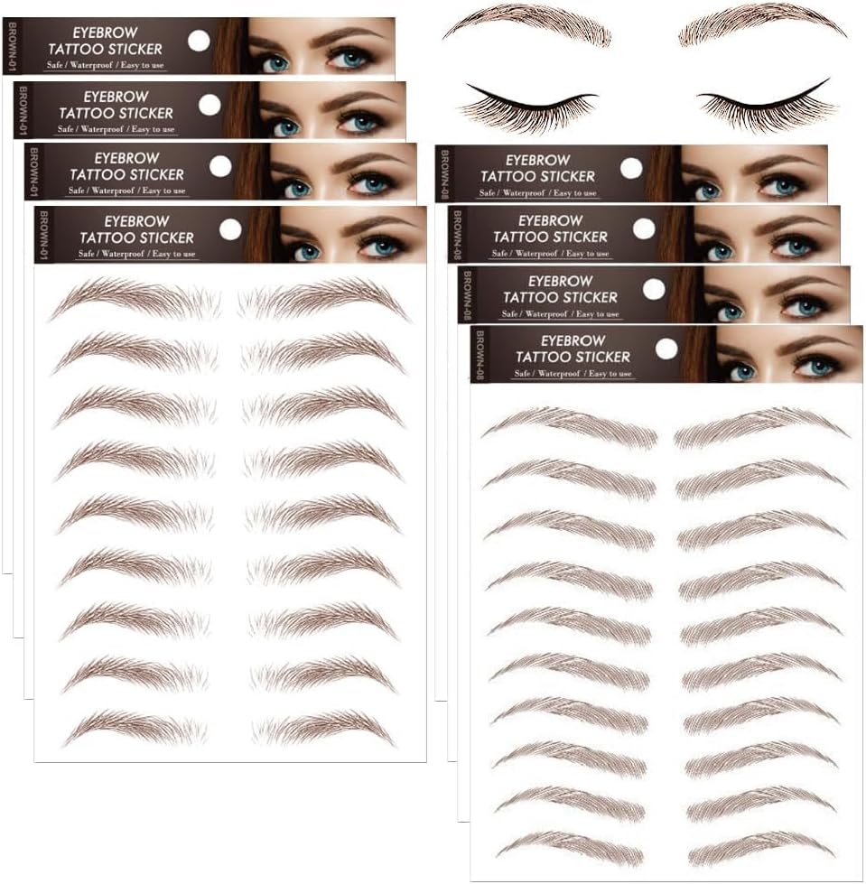 BINBXOQ 8 Sheets 6D Hair-Like Eyebrow Tattoo Transfers 76 Pairs Light Brown