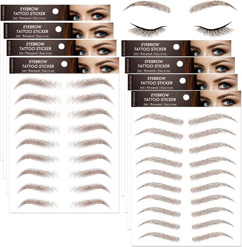 BINBXOQ 8 Sheets 6D Hair-Like Eyebrow Tattoo Transfers 76 Pairs Light Brown