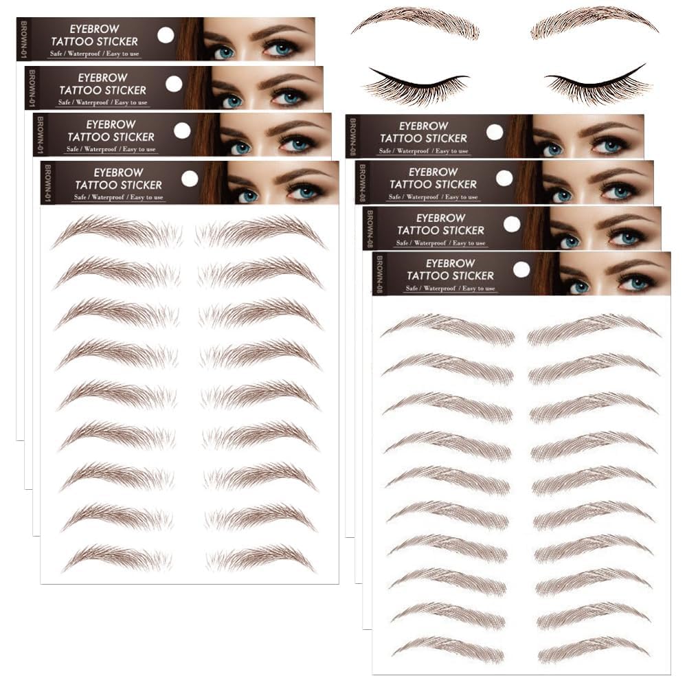 8 Sheets 6D Hair-Like Authentic Eyebrows Transfers Stickers Eyebrow Tattoo Stickers Eyebrow Suitable for Women and Girls Cosmetic Products Beauty Shaping Sticker 76 Pairs (Light Brown) (BROWN) — image 1