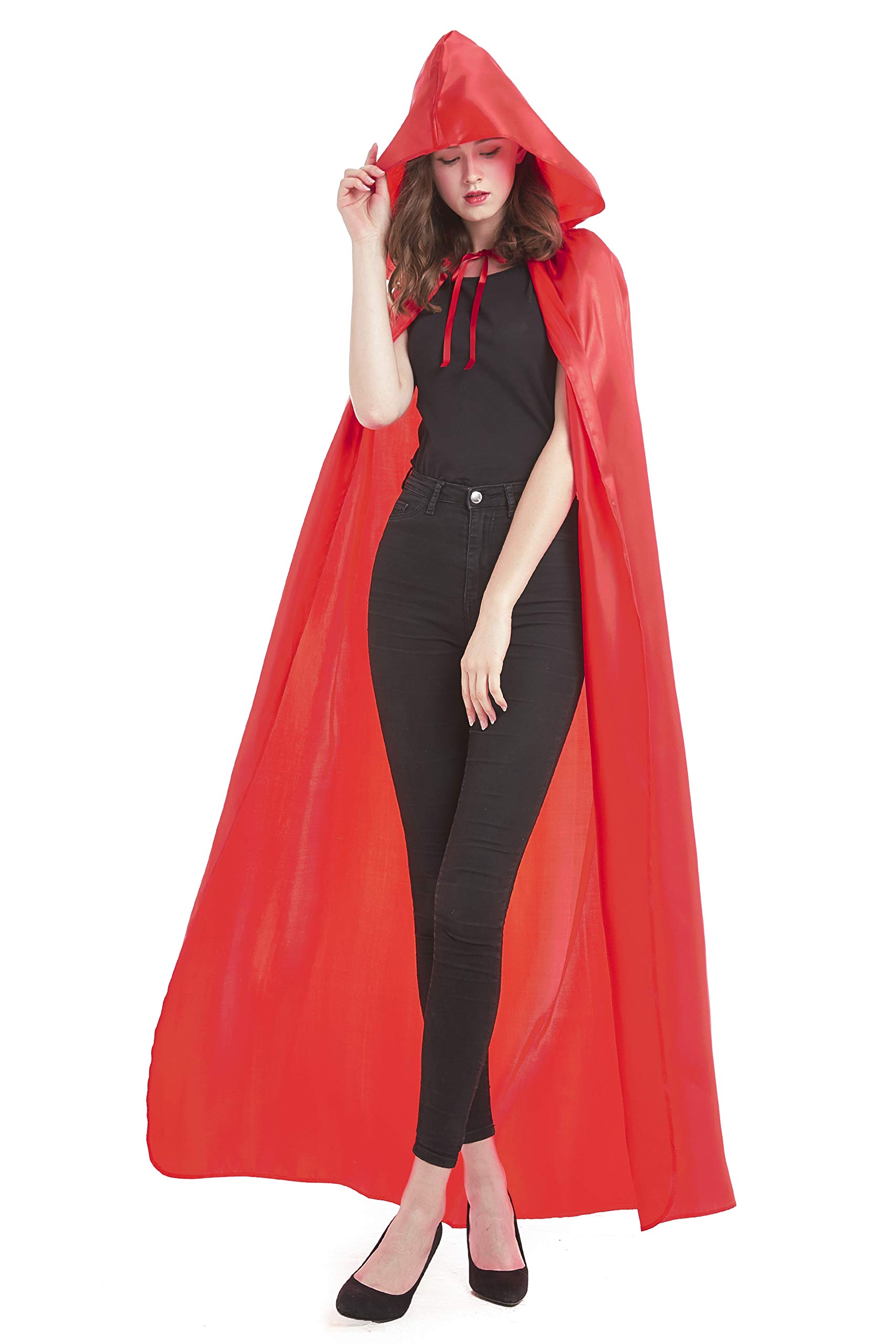 DIFLY 59-inch Satin Hooded Cape Unisex Halloween Cloak Devil Witch Wizard Halloween Christmas Cosplay (Red)(Size: L)