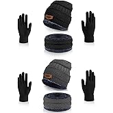 Winter Beanie Hat Scarf Gloves Set Thick Knitted Lined Skull Cap Neck Warmer Scarves Touchscreen Gloves for Men Women (Black+Gray)