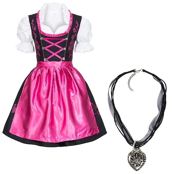 Dirndl Set 4 tlg. Trachtenkleid schwarz mit pink filigraner Stickerei Miederhaken + Dirndlkette mit Herz Anhänger, Marke Gaud