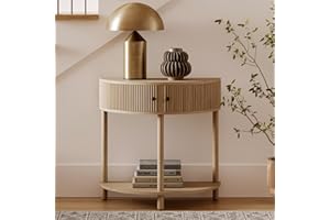 STEAD Fluted Half Moon Console Table - Small Entry Table - Living Room Furniture - Modern Home Decor - Solid Wood Entryway Table with Two Doors and Black Knobs (Natural Oak)