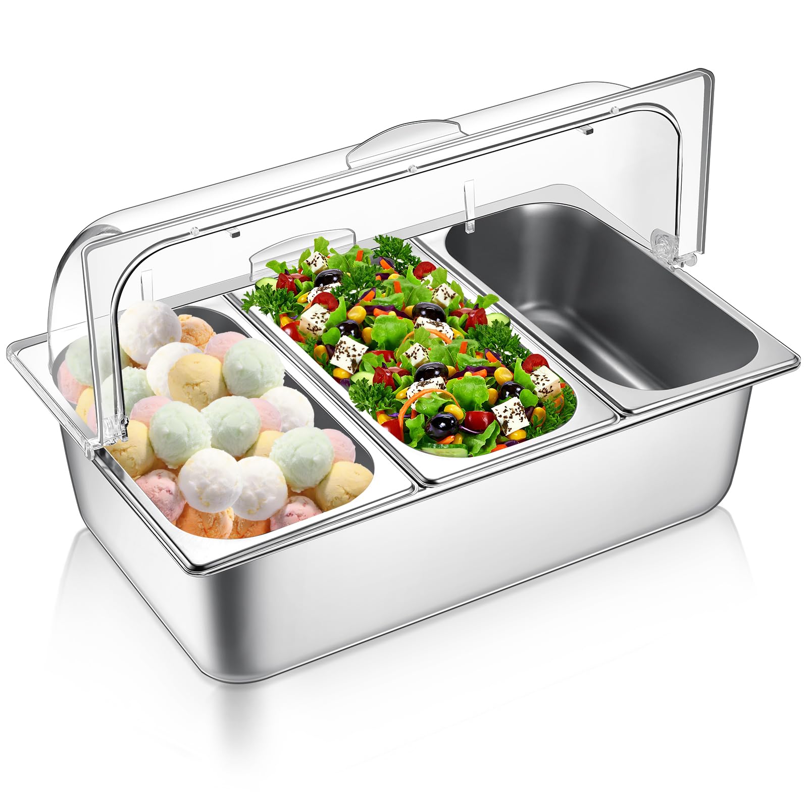 Photo 1 of Ziliny Countertop Food Serving Display Container and Clear Roll Top Cover Stainless Steel Food Serving Tray Buffet Condiment Dispenser Display Rack for Restaurant Hotel Kitchen Party (3 Pan)