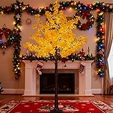 TYBEEU 6FT 5-Leaf Lucky Tree Christmas Tree with Warm White Lights - 300 LEDs Weatherproof Indoor/Outdoor Lighted Maple Tree, 16ft Extension Cord & Stakes, 4 Dimming Modes + Timer (Yellow)