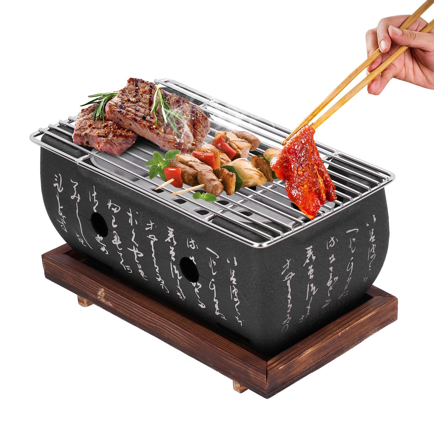 Hapivida BBQ Barbecue Grill, Aluminium Portable Small Charcoal Barbecue Desk Tabletop Outdoor Barbecue Grill Japanese Grill with Wood Tray for Picnic Garden Terrace Camping Travel Hiking