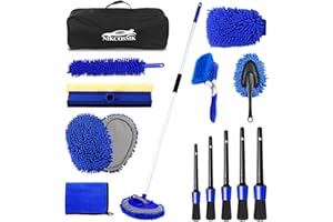 NIKCOSMK 62'' Car Wash Brush Kit Mitt Mop Sponge with Long Handle, 1 Chenille Scratch-Free Replacement Head, Windshield Window Squeegee,Car Duster,Car Detailing Brushes,Tower,Car Cleaning Kit for Cars RV Truck