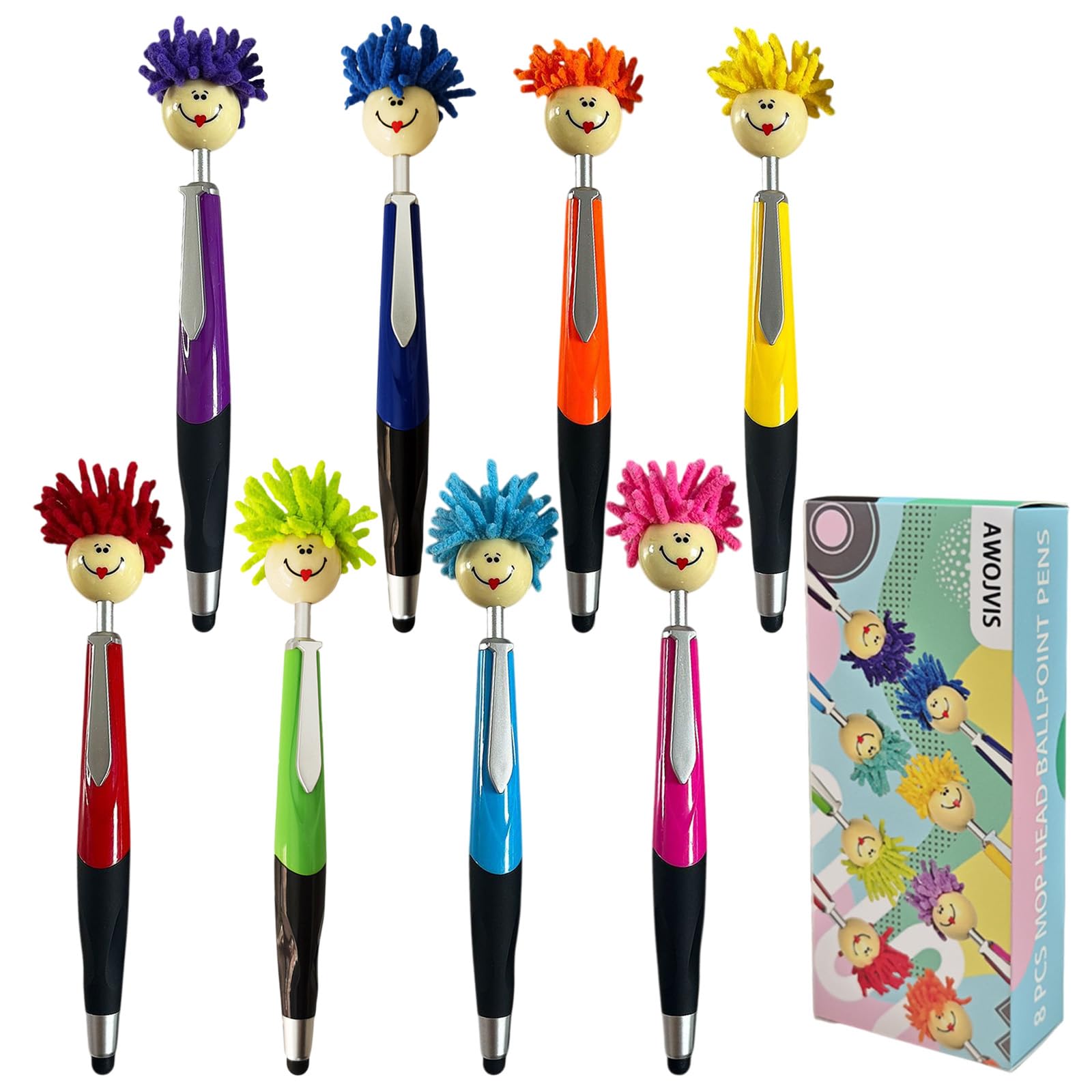 Photo 1 of Pens,ballpoint pen,8pcs Mop Head Ballpoint Pens, Funny Mophea Topper Pen with Plush Hair Writing Click Pen Portable Cute Cartoon Multi-function Signing Pens Decor Gift for Office Home Kids and Adultes