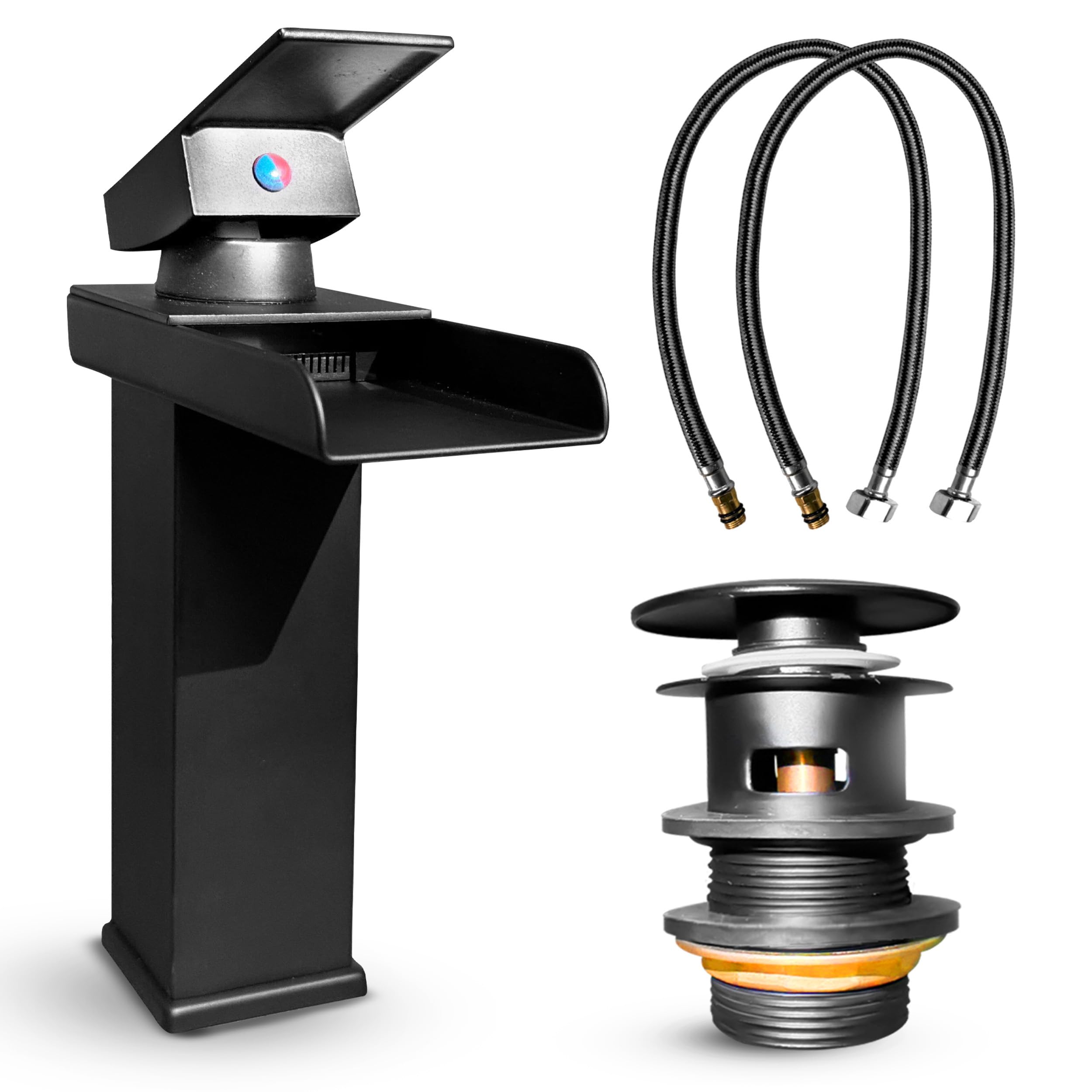 MSC Black Waterfall Tap for Bathroom Sink - Mixer Tap With Mono Square Single Lever, Modern Durable Solid Brass Construction and Smooth Water Flow, Black WF