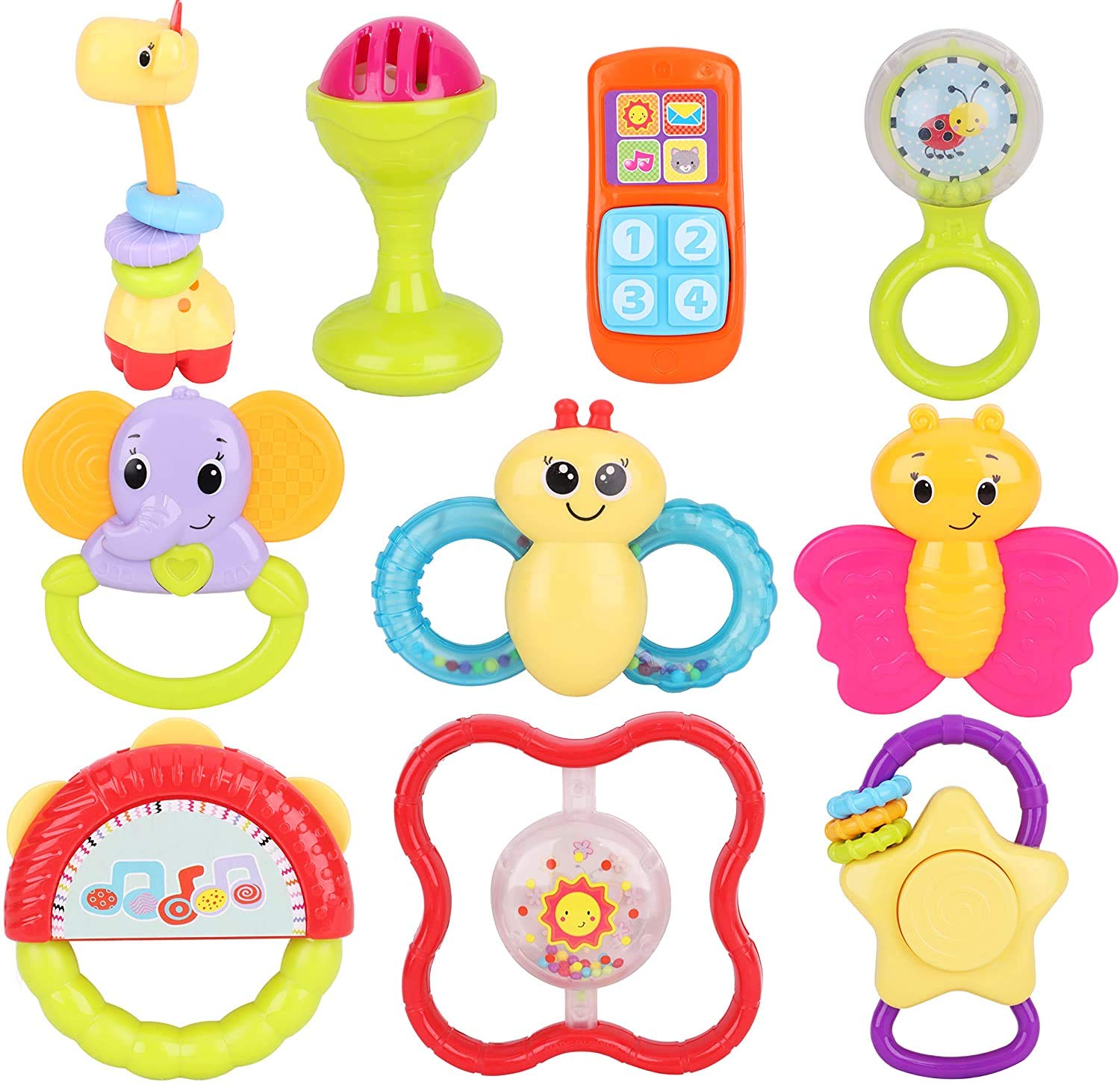 Toyland® Pack of 6 - Baby & Toddler Teething Rattles - Assorted Designs - 6 at Random - 3m+