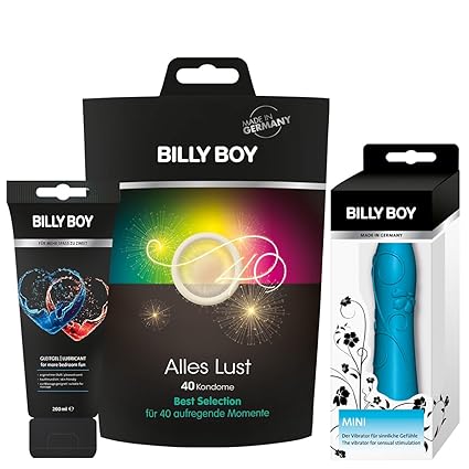 Billy Boy Alles Lust Set, 40er Mix-Beutel Kondome + Fun Gleitgel (200 ml) + Mini Vibrator türkis