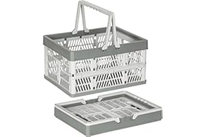 PAG-Mass Heavy Duty Plastic Milk Crates for Storage, 2-Pack Stackable Storage Bins for Organizing, Collapsible Shopping Basket with Handle for Groceries, Suitable for Home Office School Store, Gray