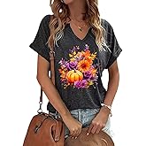 Floral Pumpkin Printed T-Shirt Womens Sunflower V-Neck Grateful Blessed Shirt Botanical Short Sleeve Fall Casual Tee