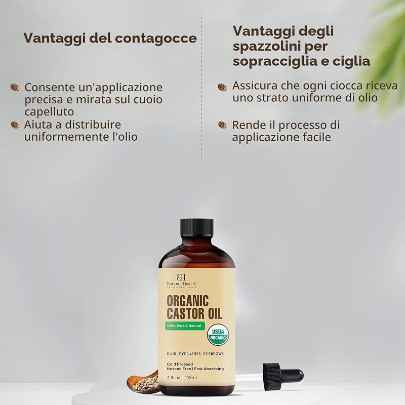 Olio di ricino biologico certificato USDA, 100% puro e senza esano, pressato a freddo, crescita per ciglia, sopracciglia, capelli, con pennello per sopracciglia e ciglia, 118,3 ml