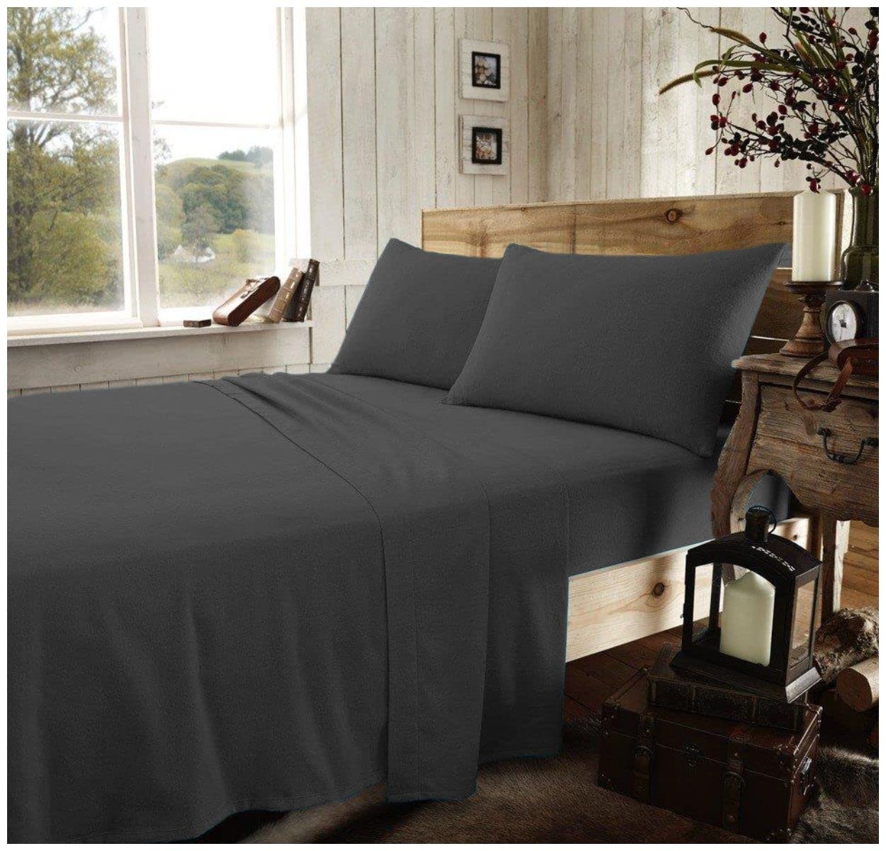GC GAVENO CAVAILIA Brushed Cotton Bed Sheets, Flannelette Fitted Sheet With Pillowcases, Plain Flat Sheet Double, Charcoal