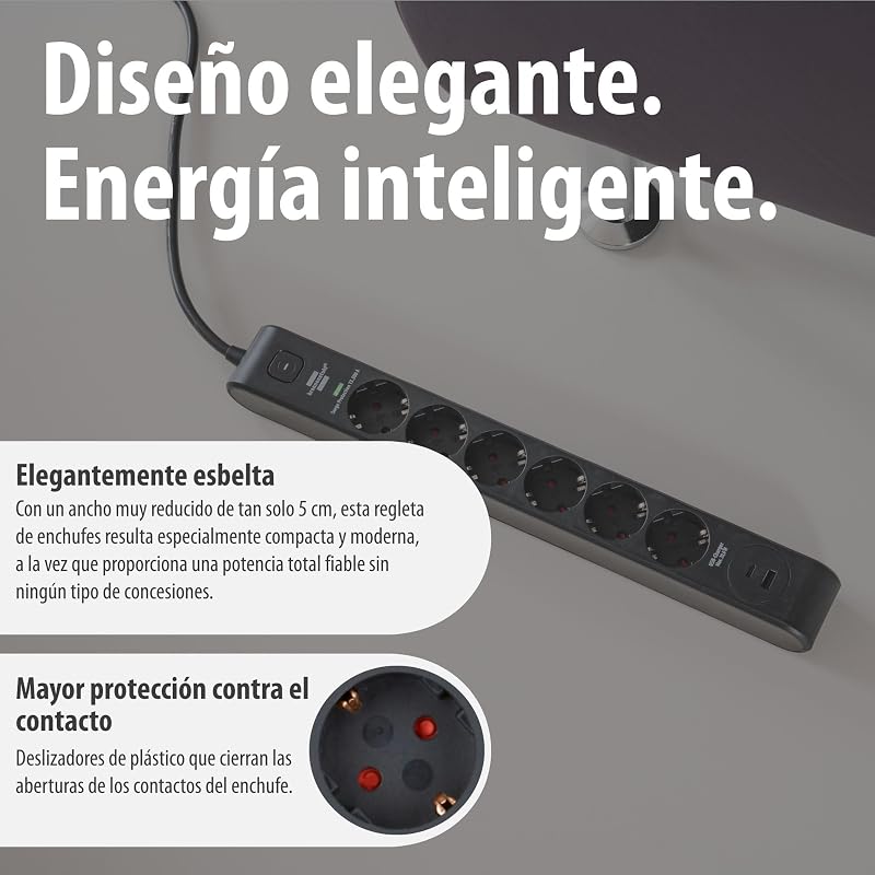 Regleta de enchufes Brennenstuhl de 6 tomas con USB y protección contra sobretensiones (regleta múltiple con 1x USB C PD 20 W para carga rápida y 1x USB A 20 W, interruptor, cable de 2 m) negro