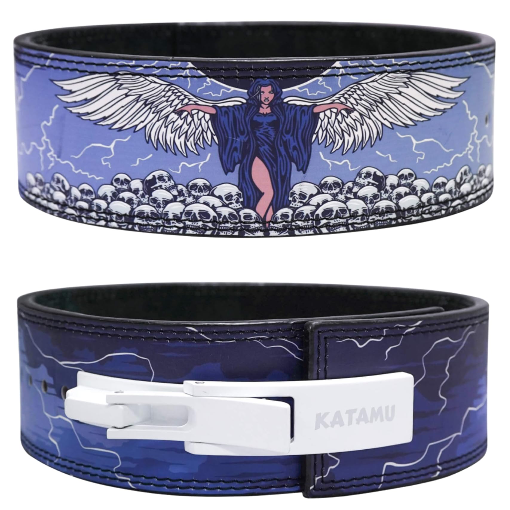 Photo 1 of Katamu Premium Leather Lever Weightlifting Belt – Secure Steel Lever, Powerlifting Support for Deadlifts, Squats & Heavy Lifts - Lift More, Look Good (Angel of Death, Medium)