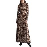 Floerns Women's Leopard Print Mesh Dress Long Sleeve Crew Neck Straight Maxi Dresses