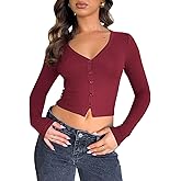 Women Long Sleeve V Neck Ribbed Crop Tight Shirts Button Down Cami Tops Slim Fit Y2k Cropped Going Out Tops