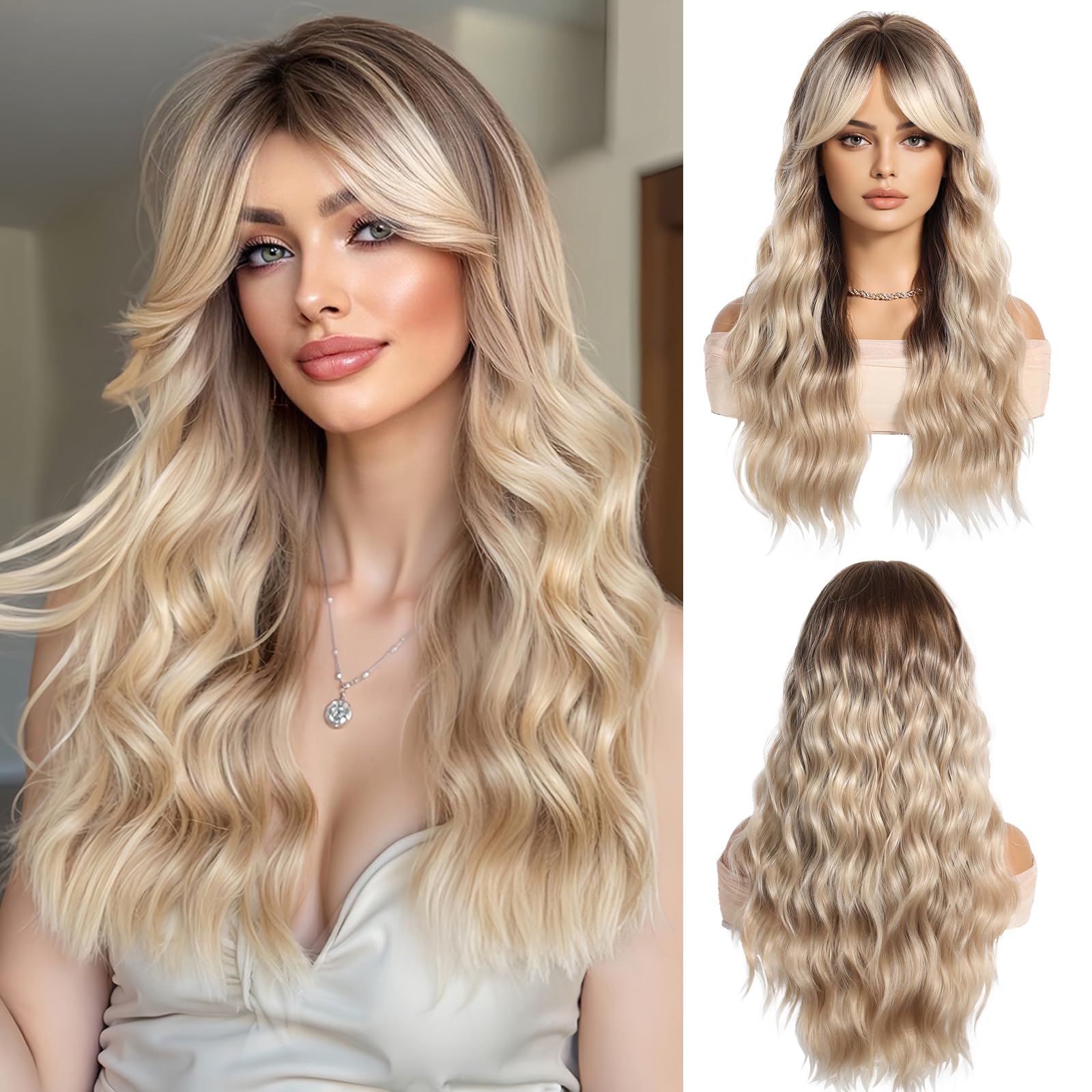 OUFEI Ombre Blonde Long Wavy Wig for Women with Curtain Bangs Natural Curly Synthetic Hair Heat Resistant Wigs for Daily Party Cosplay Wear — image 1