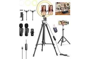 YEAKI Vlogging Kit for iPhone/Android, 10'' Selfie Ring Light with Stand, 57'' Extendable Tripod, Desktop Tripod, Wireless Microphone - YouTube Starter Kit, Content Creator Essentials for TikTok,Live Stream