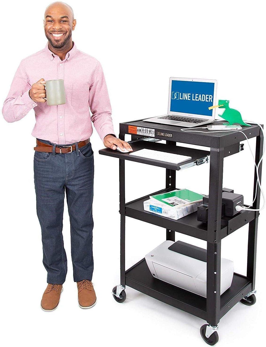 Line Leader AV Cart with EdgePower Portable Battery Charging | Height Adjustable Utility Cart with Clamp On Charging Solution | Includes Pullout Keyboard Tray & Cord Management (24 x 18) : Office Products