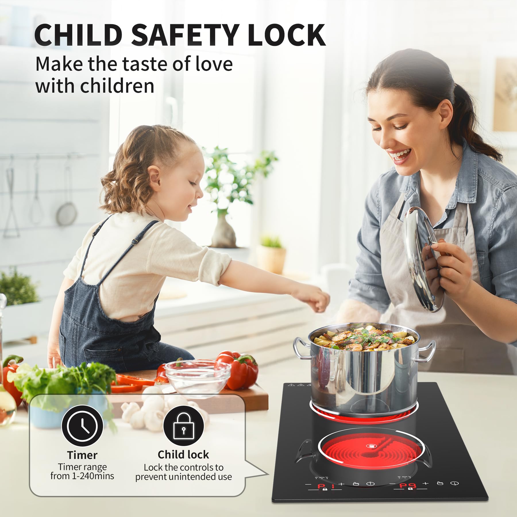VBGK Electric Cooktop,12 Inch Built-in Radiant Electric Stove Top,110V 2100W 2 burner cooktop With 9 Heating Level, Timer & Kid Safety Lock, Sensor Touch Control 2 burner Induction Cooktop