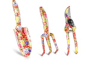 GARTOL Garden Tool Set - 3 Piece Thickly Cast Aluminum Gardening Tools Kit with Floral Paint, Heavy Duty Hand Garden Tools with Box Include Trowel, Rake, Pruner Shear, Gift for Gardener (Red)