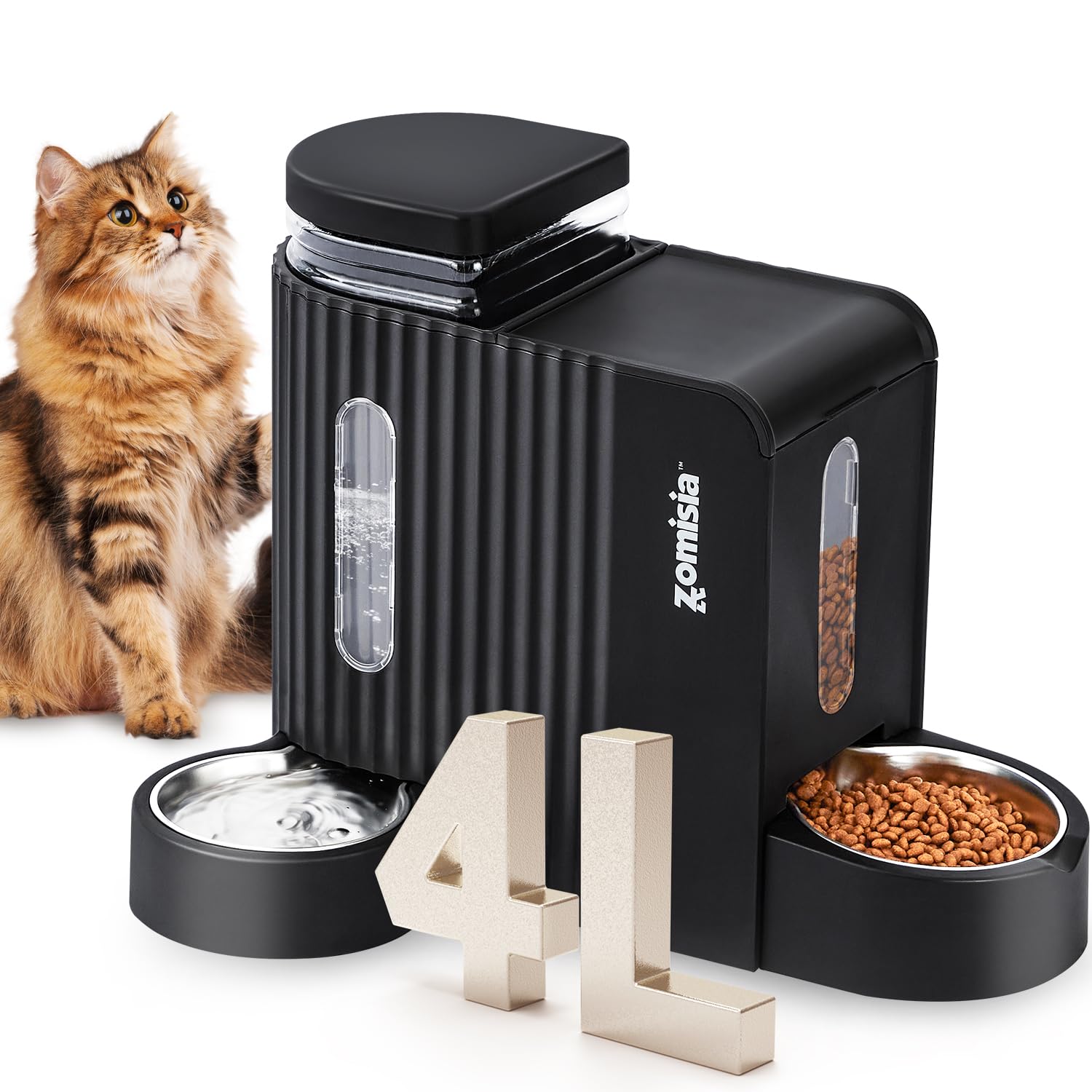 Photo 1 of ZOMISIA Gravity Cat Feeder and Water Dispenser with 304 Stainless Steel Bowls, 2 in 1 Automatic Cat Feeder with 180 Degree Rotatable Water Bowl, Large Capacity for Puppy Kitten Rabbits, Black