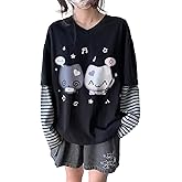 Dynict Y2k Cute Sweatshirts for Women Harajuku Kawaii Striped Sweatshirts Cartoon T-shirts