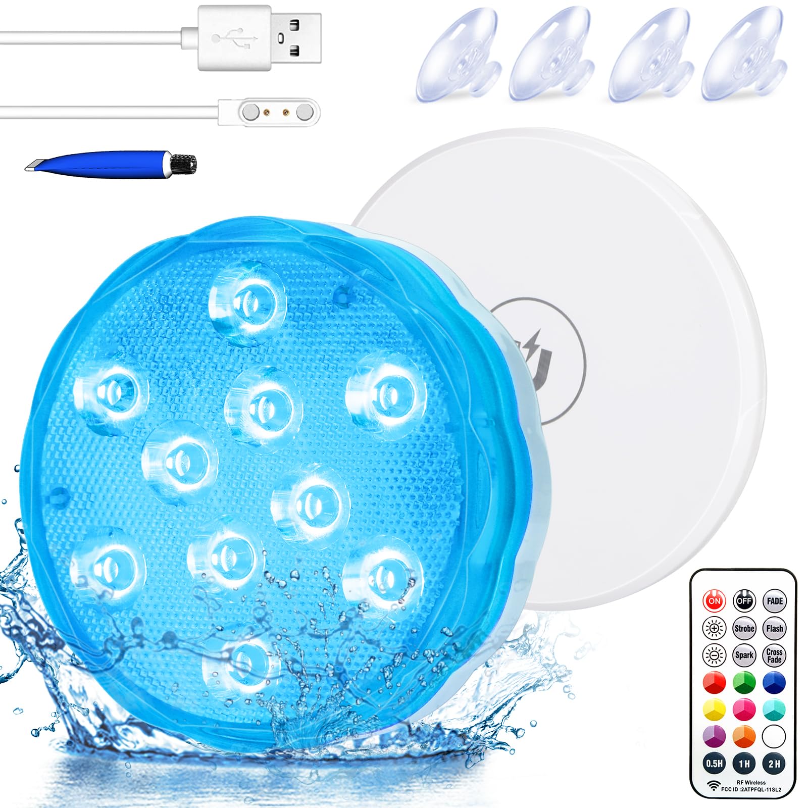 Idealife Rechargeable Hot Tub Lights, Waterproof Pond Lights Underwater Lights Swimming Pool Lights Bath Tub Spa Lights Submersible Led Lights with RF Remote Party Fish Tank Decorations