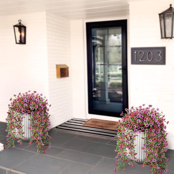 ARTIFICIAL HANGING FLOWERS FOR OUTDOORS, 2 PCS FAKE HANGING PLANT SPRING SUMMER DECOR, UV RESISTANT NO FADE REALISTIC FAUX FLOWER FOR FRONT DOOR PORCH PLANTER PATIO GARDEN YARD(LIGHT PURPLE RED)