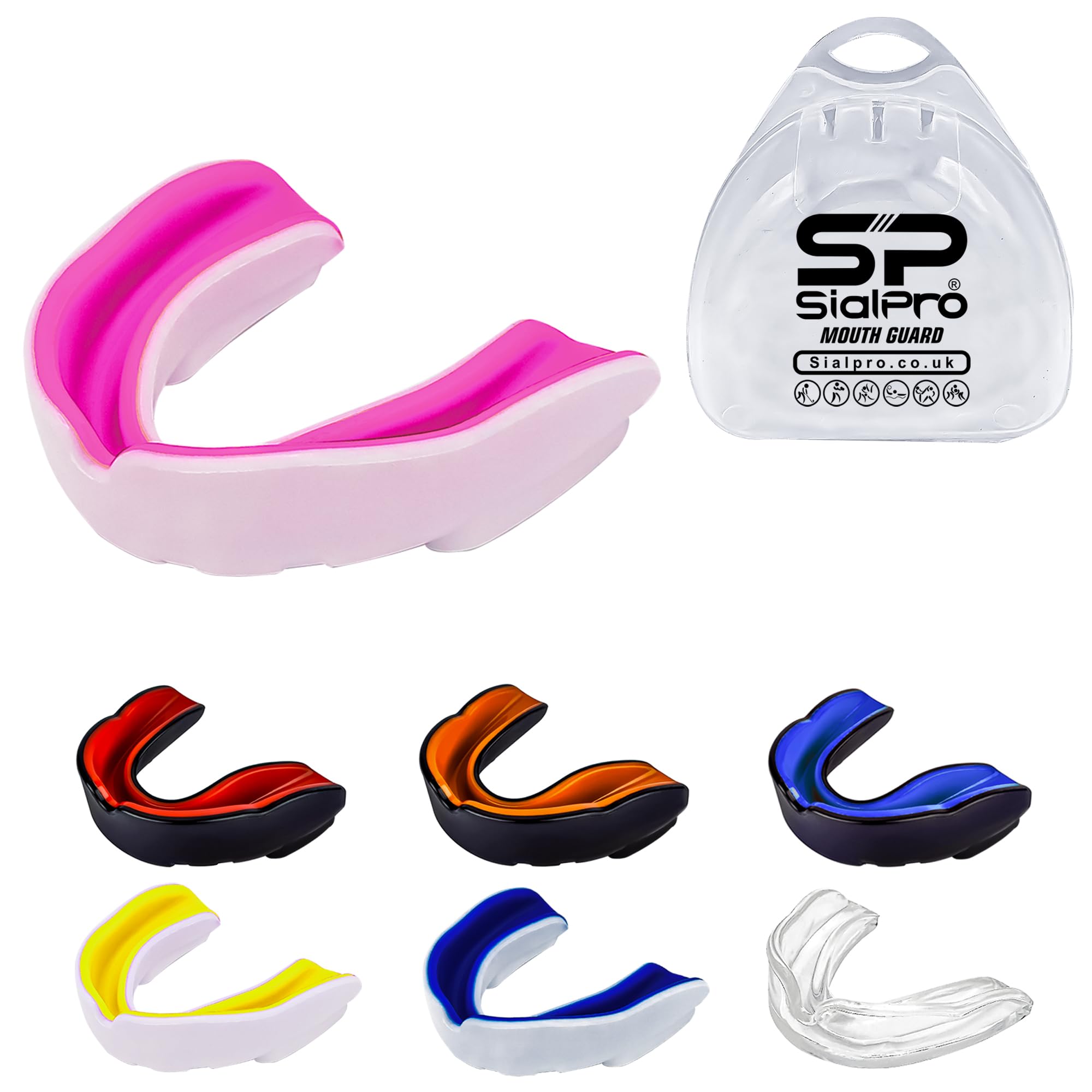 Double Layer Mouth Guards Slim Fit Adult Senior Mouldable Gum Shield with Case for Boxing Men MMA Rugby Hockey Basketball Muay Thai Kickboxing Football All Contact Sports(12+ Years), White-Pink