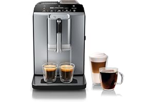 Bosch TIU20508 300 Series Fully Automatic Espresso Machine with Milk Express (in-cup frother), LCD + Touch Control Panel, Cup Warmer, OneTouch Milk-based Beverages and 5 Beverage Options, Dark Silver