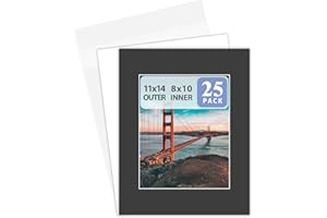GOLDEN STATE ART Pack of 25 11x14 Black Picture Mats Mattes with White Core Bevel Cut for 8x10 Photo +Backing +Bags