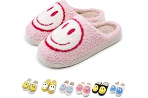 Cute Smile Face Slippers, Fuupnn Retro Soft Plush Furry Fluffy Indoor Outdoor Shoes Comfy Warm Fleece Lined Fuzzy Slip-on Cloud sliders with Memory Foam Happy Face Slippers Couples Cute Cartoon Non Slip Smile Slippers for Winter