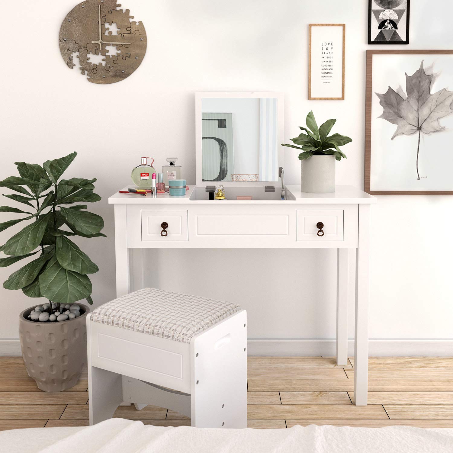 SONGMICS Tocador Con Espejo Moderno Con Tapa Abatible Con Taburete 3