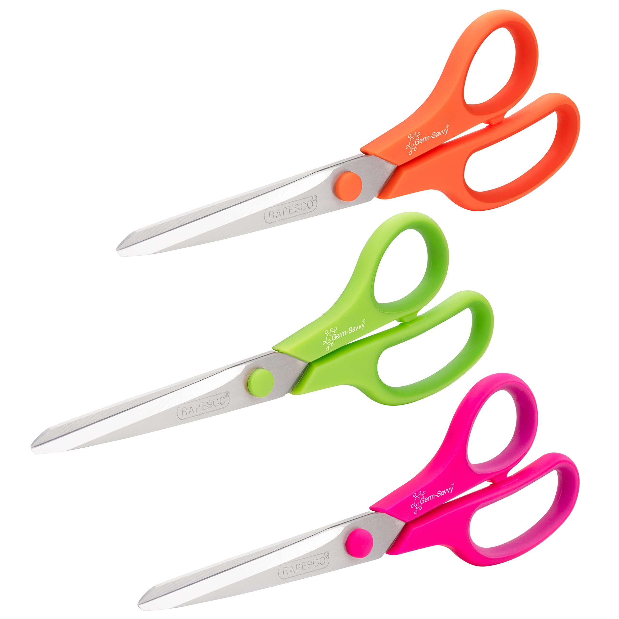Rapesco 1667 Germ-Savvy Antibacterial, 21 cm Titanium Blade Soft Grip Handle Scissors, Assorted Colours, Pack of 3